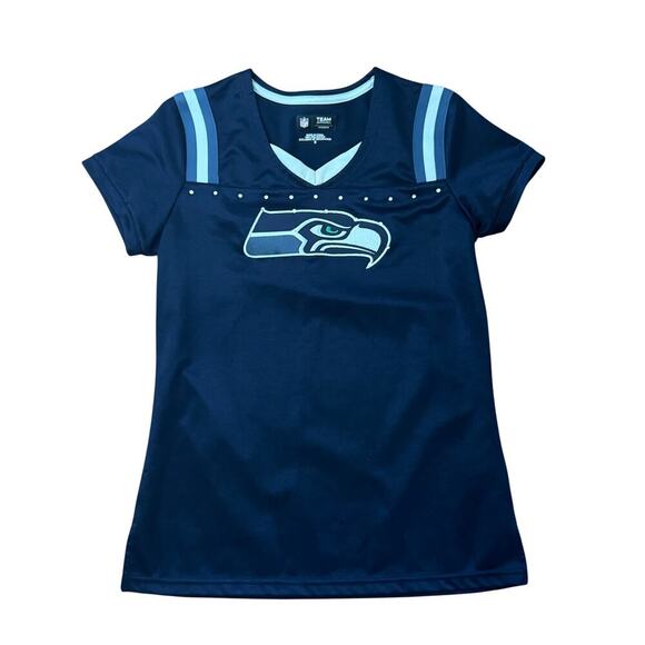 NFL TEAM APPAREL Seattle Seahawks Embroidered Bling Jersey Shirt Women’s Sz S - Picture 1 of 10